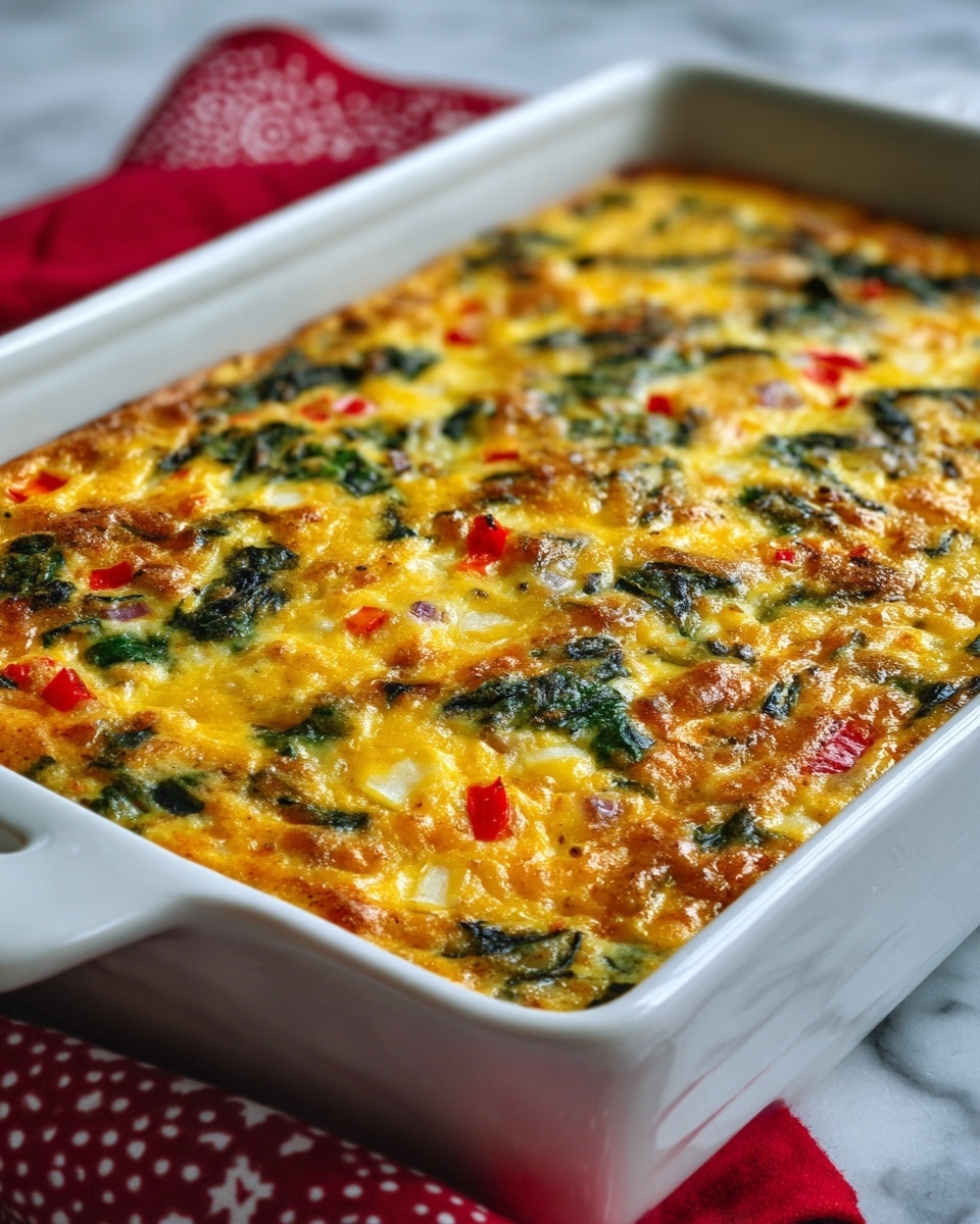 The image shows a close-up of a baked dish in a rectangular white ceramic baking dish. The dish has a thick, uneven top layer made of mixed ingredients, with a creamy yellow base dotted with dark green leafy bits and small pieces of red and white, creating a speckled texture across the entire surface. The texture looks soft and slightly bubbly, with a glossy finish, indicating it was freshly baked. The edge of the white ceramic dish is plain with small ridge details. The dish rests on a surface with a white marbled texture, partly covered by a red cloth with white dots in the corner. photo taken with an iphone --ar 4:5 --v 7
