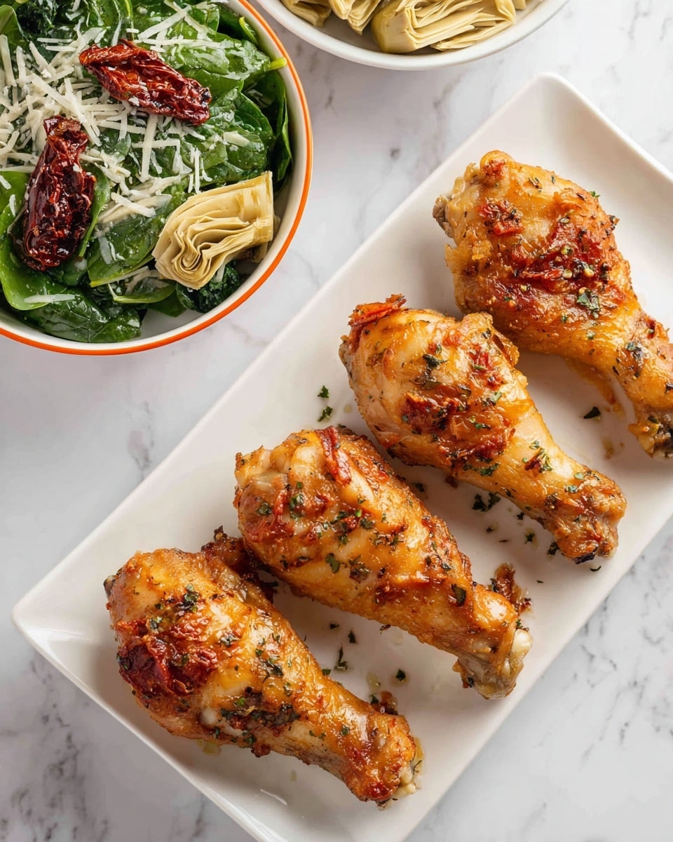 The image shows four cooked chicken drumsticks placed in a row on a white rectangular plate. Each drumstick has a golden-brown color with some darker toasted spots, and there is a visible seasoning mix that adds texture on top. The plate is placed on a white marbled surface. On the top left corner, a white bowl with a thin orange rim holds a fresh green spinach salad, topped with artichoke hearts, sun-dried tomatoes, and small pieces of shredded cheese. Photo taken with an iphone --ar 4:5 --v 7