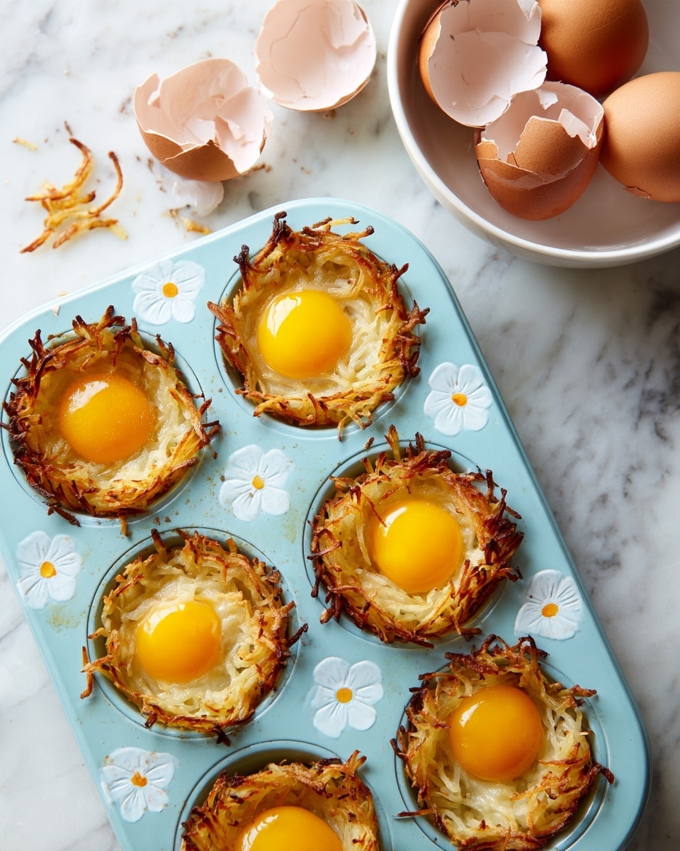 A light blue muffin pan with small white and yellow flowers holds five nests made from golden-brown baked shredded potatoes, each nest containing a bright yellow raw egg yolk in the center. The nests have crispy, slightly browned edges and soft textured potato strands making up the round bases, visible beneath the shiny yolks. To the upper left, a white bowl with cracked brown and white eggshells sits on a white marbled surface. The scene is soft lit and focuses on the baked potato nests filled with eggs, showing slight melting and gooey whites around the yolks photo taken with an iphone --ar 4:5 --v 7