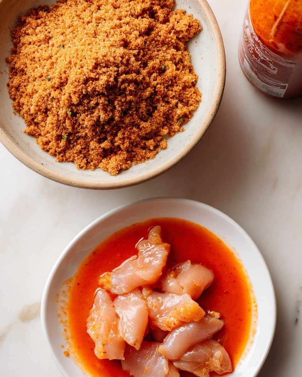 The image shows two white bowls on a white marbled surface. The bowl at the bottom right contains several pieces of raw, light pink chicken sitting in a pool of bright orange-red sauce, giving a glossy texture. The bowl at the top left is filled with a dry, crumbly, brown breadcrumb mixture with some small green herbs visible. Near the top right corner, there is a partially visible bottle of red-orange sauce with some sauce marks on the bottle neck. The overall look is clean with a clear contrast between the wet and dry ingredients. Photo taken with an iphone --ar 4:5 --v 7