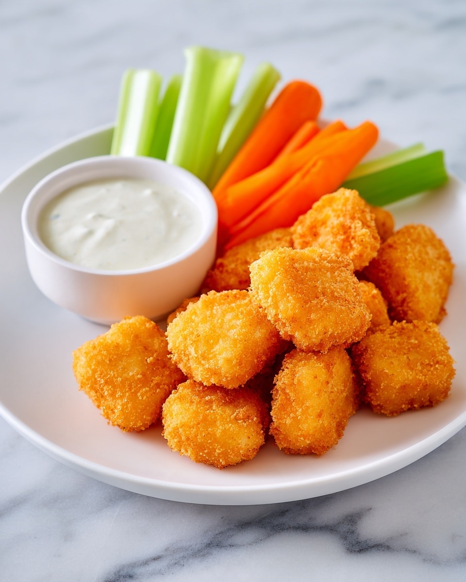 A white dish holds several pieces of golden brown, crispy fried nuggets with a rough, crumbly texture, placed on a layer of white parchment paper. Behind the nuggets, there are sticks of fresh, light green celery and bright orange baby carrots stacked horizontally against each other. To the left side of the plate, a small white bowl contains a smooth, creamy white dipping sauce. The whole setting is on a white marbled surface. Photo taken with an iphone --ar 4:5 --v 7