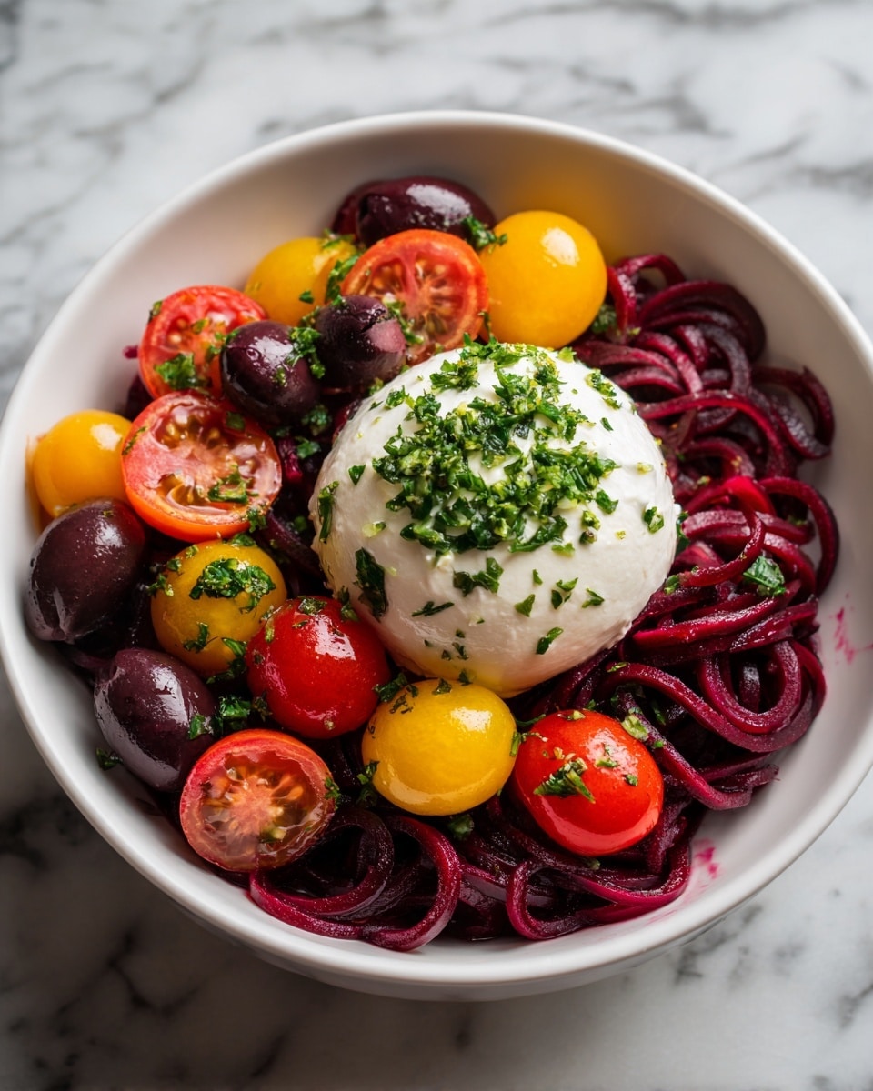 A white bowl filled with a colorful salad is shown on a white marbled surface. The bottom layer is made of dark red beet noodles, twisted and piled around the bowl. On top of this are halved small cherry tomatoes in bright red and yellow colors, scattered evenly. Dark purple olives are placed throughout the salad as well. In the center of the bowl is a round white ball of soft cheese, topped with some beet noodles, a few olive and tomato pieces, and small green herb leaves lightly sprinkled over the whole dish for freshness. The mix of colors and textures makes the salad look fresh and vibrant. photo taken with an iphone --ar 4:5 --v 7