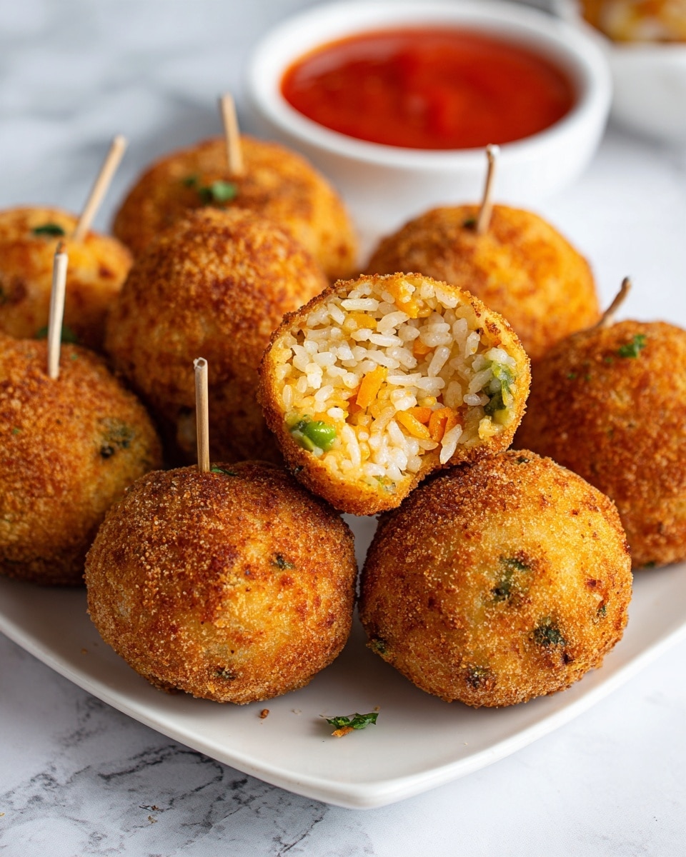 The image shows a white square plate with about ten round, golden-brown crispy balls scattered on it. One ball is broken open in the front, showing a soft inside filled with rice, herbs, and bits of vegetables in light brown and green colors. Thin bamboo picks are placed both standing in some balls and lying on the plate. In the back, there is a small white bowl filled with bright red sauce. The background is a white marbled texture. The photo is taken with an iphone --ar 4:5 --v 7