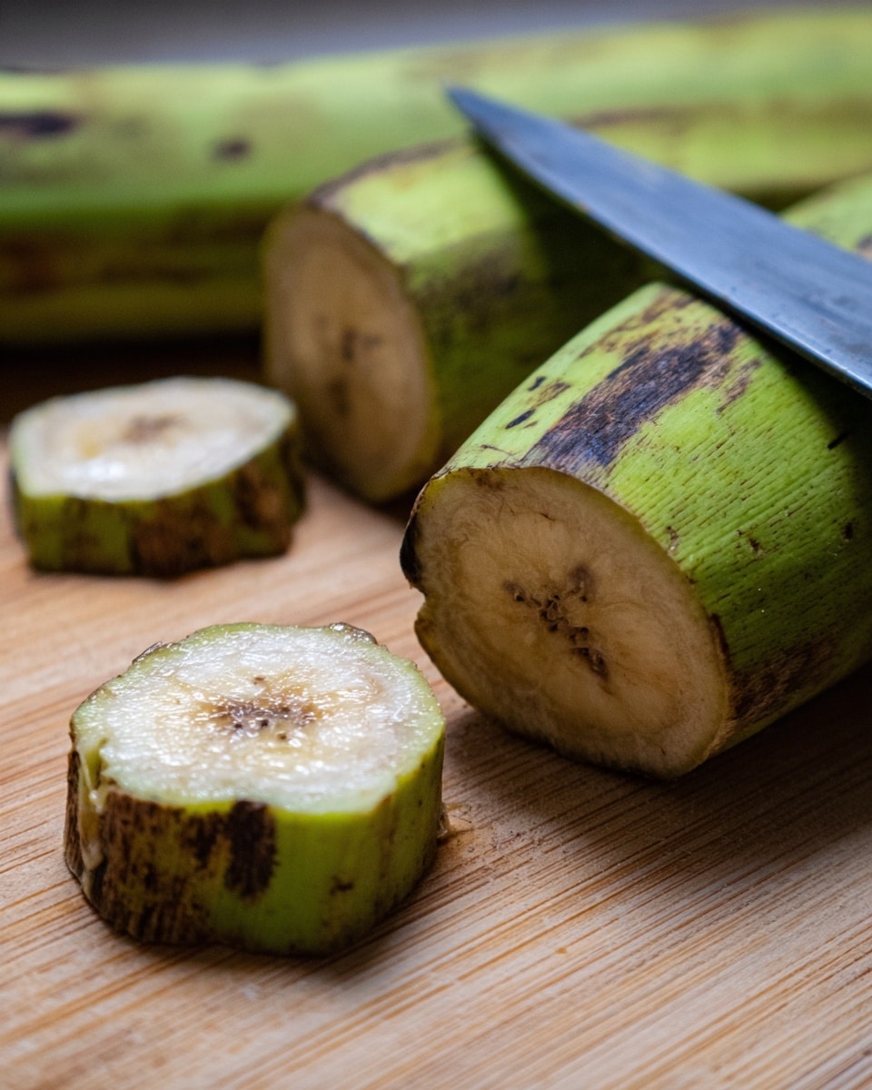 The image shows a thick green plantain laying on a light wooden board with the end sliced off. Two small cut pieces of the plantain are placed in front. A sharp knife with a silver blade is positioned above the plantain as if about to slice it. The scene is clear and close, focusing on the texture of the green skin with dark spots and the pale creamy inner part where the cuts were made. The background is softly blurred. photo taken with an iphone --ar 4:5 --v 7