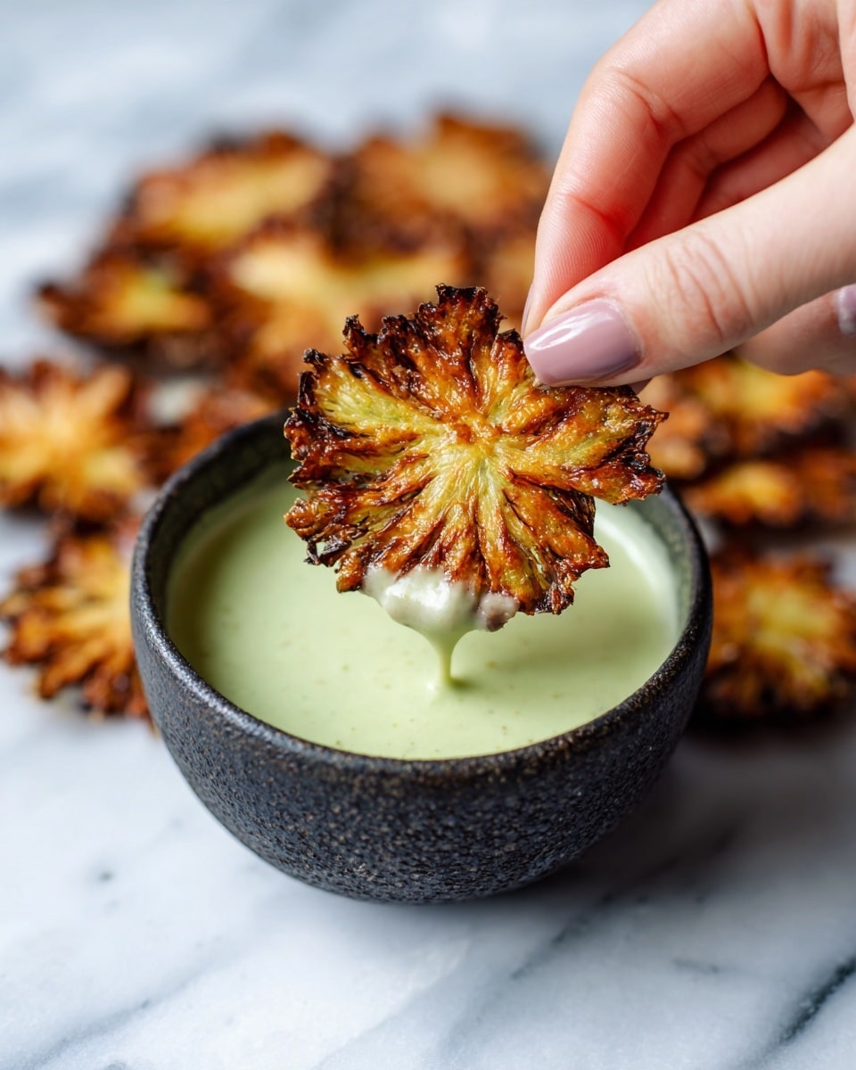A woman's hand with coral pink nail polish holds a single round, thin, crispy chip with a textured golden brown surface and darker spots. The chip is partially dipped into a smooth, pale green sauce that clings to its edge. In the blurred background, there is a white bowl filled with the same pale green sauce surrounded by more chips, all set on a white marbled surface. Photo taken with an iphone --ar 4:5 --v 7