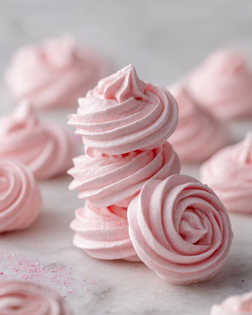 The image shows several light pink meringue cookies shaped like roses placed on a white marbled surface. The meringues have soft swirls and a smooth texture with a slightly dusty appearance. In the front, there is a small stack of four meringues with one leaning against the stack, showing its spiral layers clearly. Around the main stack, there are a few more single meringues scattered slightly out of focus in the background. The overall look is delicate and airy with soft lighting. photo taken with an iphone --ar 4:5 --v 7