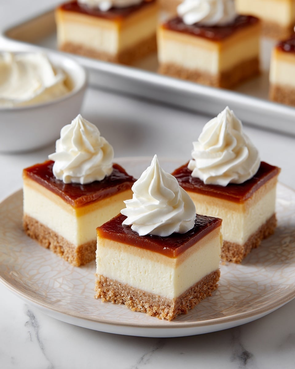 Three small square cheesecake pieces are placed on a white plate with a subtle pattern. Each piece has three visible layers: a crumbly light brown base, a thick creamy pale yellow middle, and a caramelized brown top that looks slightly burnt in some spots. On top of each cheesecake piece, there is a small dollop of white whipped cream. In the background, a metal baking tray with more cheesecake squares is slightly blurred, sitting on a white marbled surface. Photo taken with an iphone --ar 4:5 --v 7