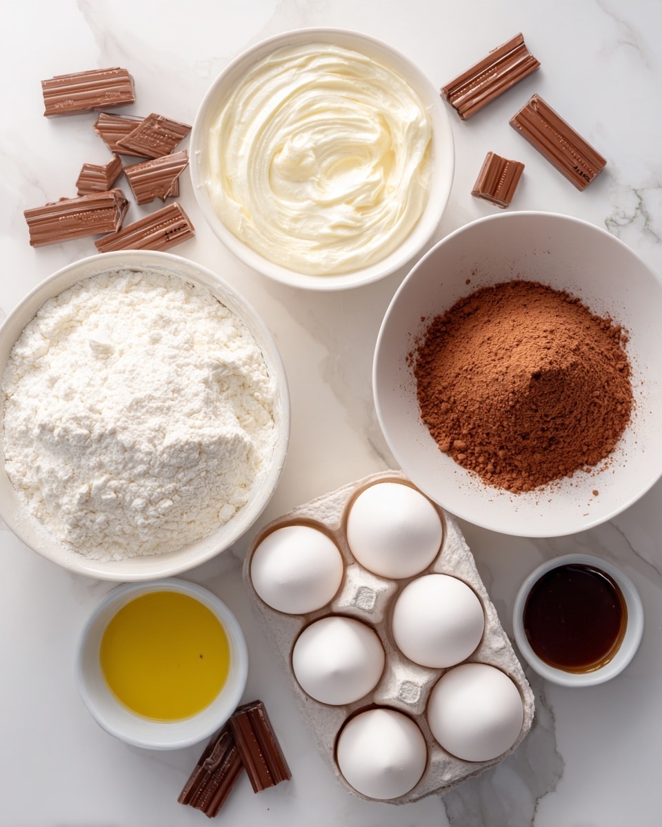 The image shows several ingredients placed on a white marbled surface. There are two white bowls with one filled with a creamy white mix and the other with a light brown powder, likely cocoa or cake mix. Three white eggs are placed on a white egg carton next to a small white bowl with a dark brown liquid inside. Another white bowl contains a yellow liquid, probably oil. Scattered around the bowls and eggs are multiple small Twix candy bars in their wrappers. The scene is bright and clean, with all items carefully arranged. Photo taken with an iphone --ar 4:5 --v 7