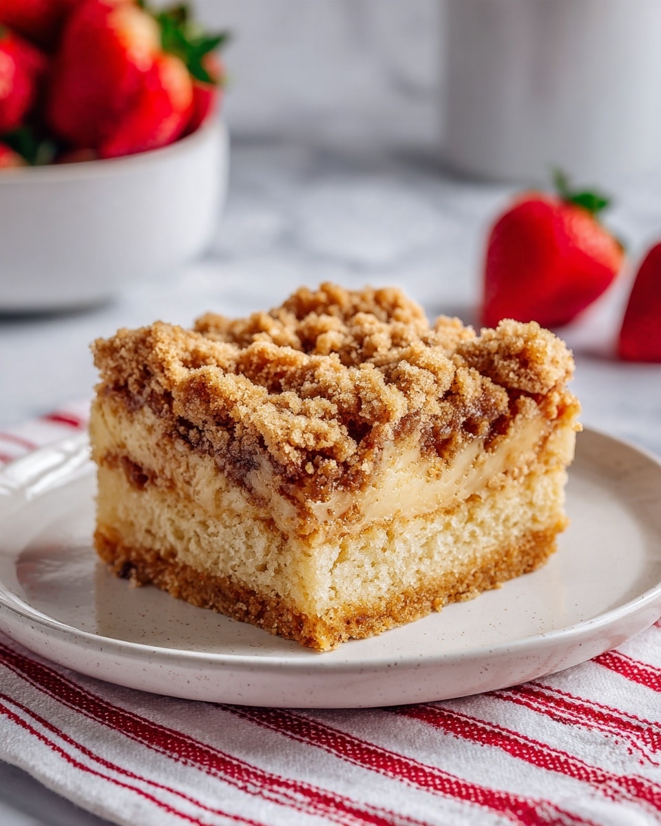 A single square piece of crumb cake with two layers is placed on a white plate with delicate ridges. The bottom layer is light brown and looks soft and moist, while the top layer is thicker with a rough, crumbly texture in a darker brown color, hinting at a cinnamon-sugar topping. There are some small bits of fruit, possibly apple or peach, peeking out from under the top crumbly layer. The plate sits on a white marbled surface with a red-striped cloth nearby. In the background, a white bowl filled with bright red strawberries and part of another white plate with more crumb cake are visible. photo taken with an iphone --ar 4:5 --v 7