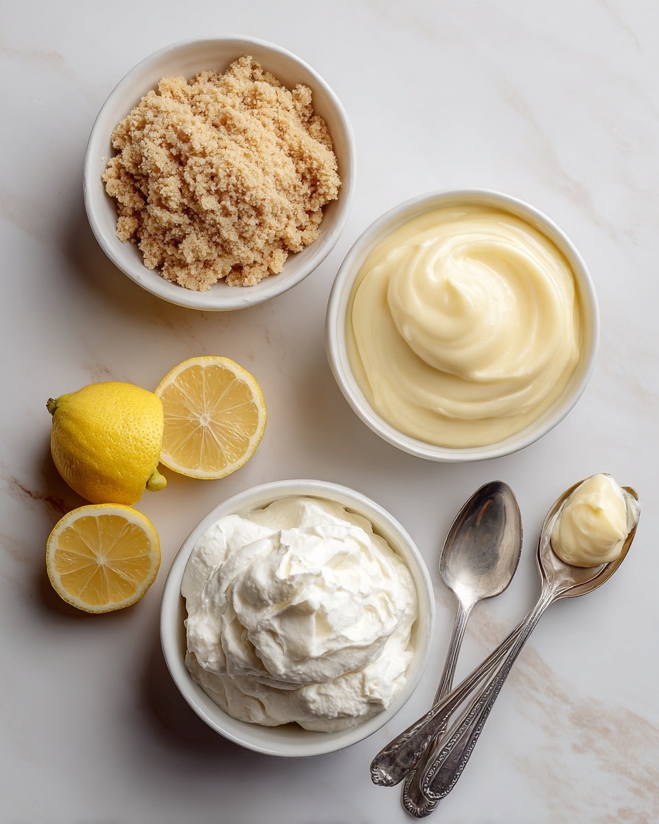 The image shows three small white bowls on a white marbled surface. The first bowl at the top left holds light beige crumbled shortbread cookies with a crumbly texture. The second bowl at the top right contains smooth, creamy lemon pie filling with a pale yellow color. The third bowl at the bottom center has fluffy white whipped topping with a soft texture. Two halved yellow lemons are placed to the left of the bowls. To the right of the bowls are two silver spoons, one with a dollop of lemon pie filling. The overall look is clean and neat with a fresh, bright feel photo taken with an iphone --ar 4:5 --v 7