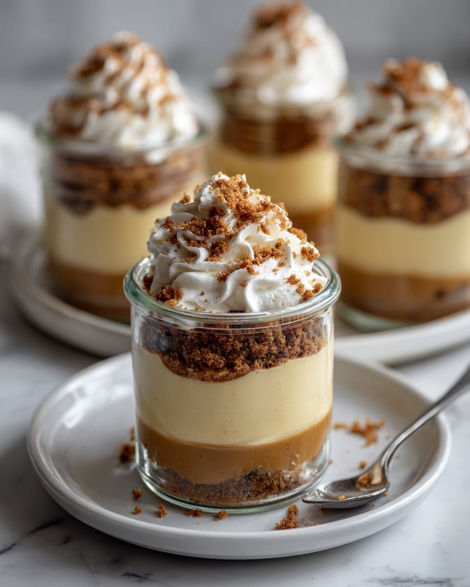 The image shows a close-up of a small glass jar dessert placed on a white plate with a white marbled texture background. The dessert has four visible layers: the bottom layer is a light golden smooth jelly or custard, the second layer is a crumbly brown biscuit or cookie crumble, the third layer is a pale yellow creamy pudding, and the top is a swirl of white whipped cream sprinkled with more brown biscuit crumbs. In the blurry background, there are four more jars with the same dessert set on a glass tray. Photo taken with an iphone --ar 4:5 --v 7