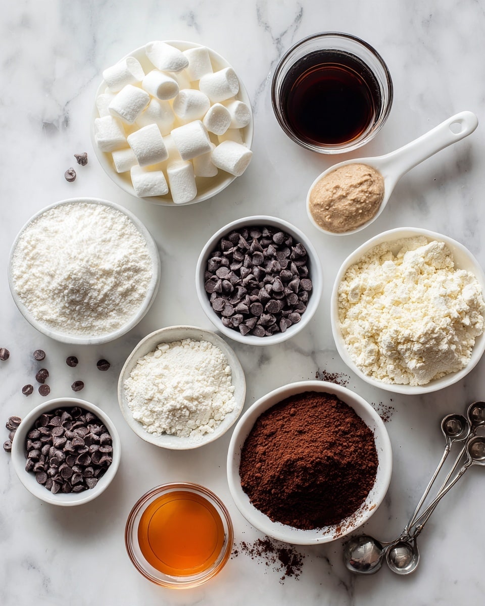 The image shows eight small white bowls arranged in a loose circle on a white marbled surface. Each bowl contains different ingredients. Starting from the upper left, one bowl has white, soft marshmallows. Next to it is a glass filled with a dark brown liquid. To the right, a white measuring spoon holds a thick, light brown paste. Beside it, a small white bowl is filled with tiny dark chocolate chips. Below, a clear bowl holds a small amount of orange liquid, and to the left, a white bowl contains white powdery flour. Above it, another white bowl has a pale, crumbly powder, and next to it, a clear bowl is filled with dark brown cocoa powder. Three metal measuring spoons rest near the upper right bowls. The many textures and colors, from smooth pastes to powders and liquids, are neatly displayed. Photo taken with an iphone --ar 4:5 --v 7