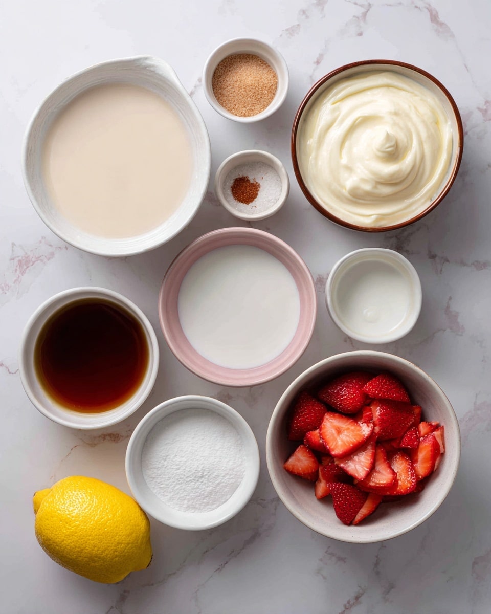 The image shows several white bowls arranged on a white marbled surface, each holding different ingredients. At the top right, a large white bowl contains pale, creamy heavy cream. Below it, a white bowl with a brown rim holds whole milk, a light beige liquid. Nearby is a light pink-rimmed white bowl filled with a light beige buttermilk. Scattered around are smaller white bowls: one with white granulated sugar, another with light brown sugar, and a third with a small amount of salt. There is also a small white bowl with powdered gelatin and another with clear water. A small white bowl near the upper left corner contains a dark amber vanilla liquid. At the bottom right, a white bowl filled with bright red sliced strawberries adds a pop of color. Lastly, a whole yellow lemon sits at the bottom left of the image. All bowls are clean, and the ingredients are neatly arranged. photo taken with an iphone --ar 4:5 --v 7