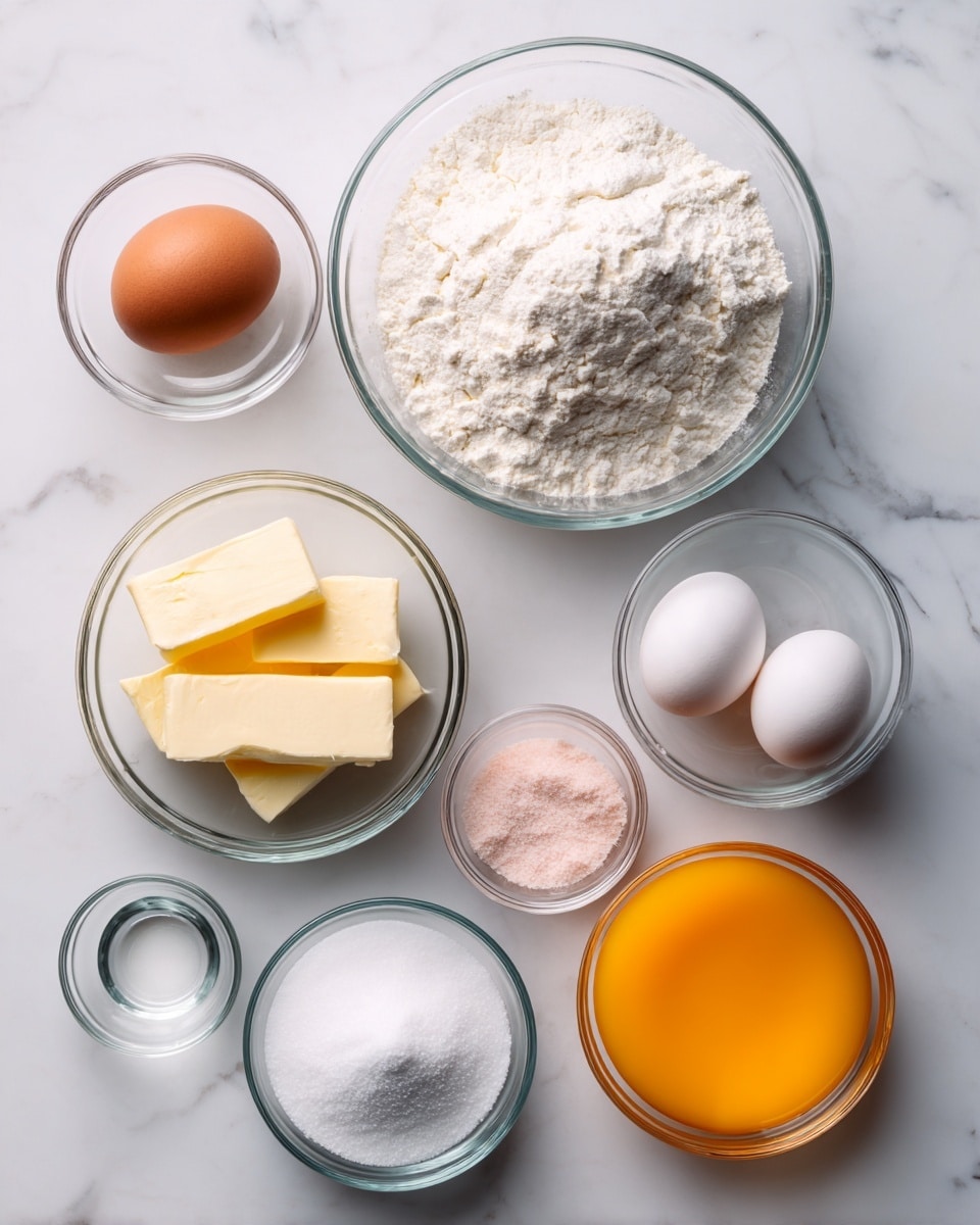 Seven glass bowls with different baking ingredients are arranged on a white marbled surface. At the top center is a large bowl filled with white flour, below it slightly to the right is a medium bowl with two white eggs and one brown egg. To the left of the eggs is a medium bowl with two sticks of pale yellow butter. Below the butter is a smaller bowl filled with white powdered sugar, and next to it is another small bowl with a light pink powder. To the right of the powdered sugar is a small bowl filled with clear liquid, and above it near the center is a bowl with bright orange liquid. The image is bright and evenly lit, photo taken with an iphone --ar 4:5 --v 7