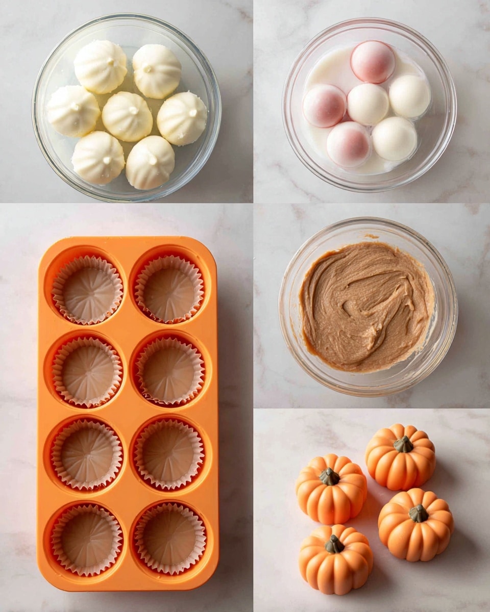 The image shows a step-by-step process of making pumpkin-shaped candies. First, white round candy melts are placed in a clear container, then melted white chocolate is mixed with a few drops of red food coloring, creating a light pink tint. Next, an orange pumpkin-shaped silicone mold is filled with this candy, showing four cavities with a smooth, pale layer. Then a thick light brown mixture, made by mixing a creamy substance with white powdered ingredients, is spread into the mold, filling all six cavities with a smooth texture. After that, a white creamy mixture is poured evenly over the brown layer, covering it fully. The last part of the image shows the finished pumpkin-shaped candies in bright orange color, some whole and some broken in half to reveal a smooth layered inside. All of this sits on a white marbled surface photo taken with an iphone --ar 4:5 --v 7