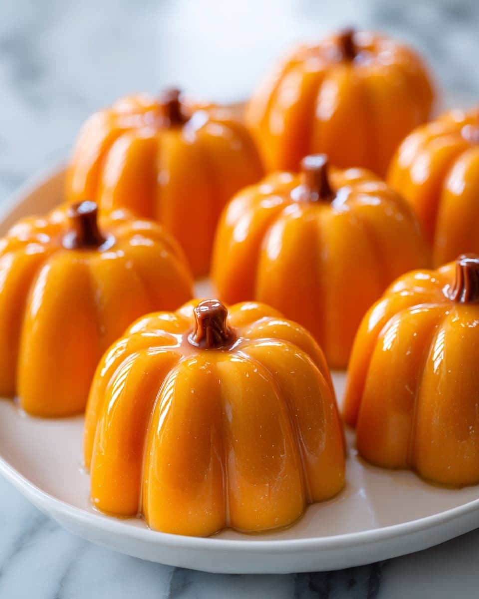 The image shows multiple small orange pumpkin-shaped desserts arranged closely on a white plate, all placed on a white marbled surface. Each dessert has three raised pumpkin rind lines on the top, surrounding a smooth, oval center. The bright orange color and smooth glossy texture of the desserts contrast with the white plate and marbled background, giving a clean and vibrant look. Photo taken with an iphone --ar 4:5 --v 7