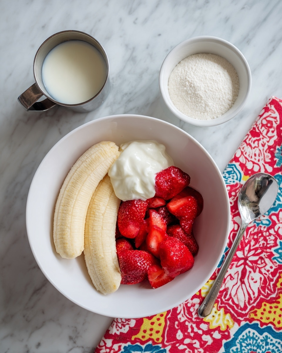 A white bowl holds two large peeled frozen banana halves, a metal measuring cup filled with bright red frozen strawberries, and a metal measuring spoon with a rounded dollop of thick white Greek yogurt. To the top left of the bowl is a metal cup with white whole milk, and to the top right is a small white bowl filled with fine white protein powder. The bowl and ingredients sit on a white marbled surface, surrounded partly by a colorful red, blue, yellow, and white patterned cloth. photo taken with an iphone --ar 4:5 --v 7