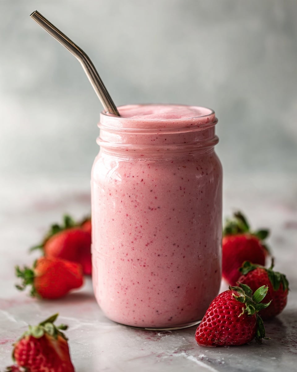 A frothy pink smoothie fills a clear glass with a unique bubble-like shape having four rounded layers stepping inwards from bottom to top. The smoothie’s surface is smooth with tiny dark pink speckles scattered evenly. The glass is placed on a light wooden board surrounded by fresh red strawberries with green leaves. In the background, a white marbled texture softly blurs out. A metal straw dips into the smoothie from the top left side. photo taken with an iphone --ar 4:5 --v 7