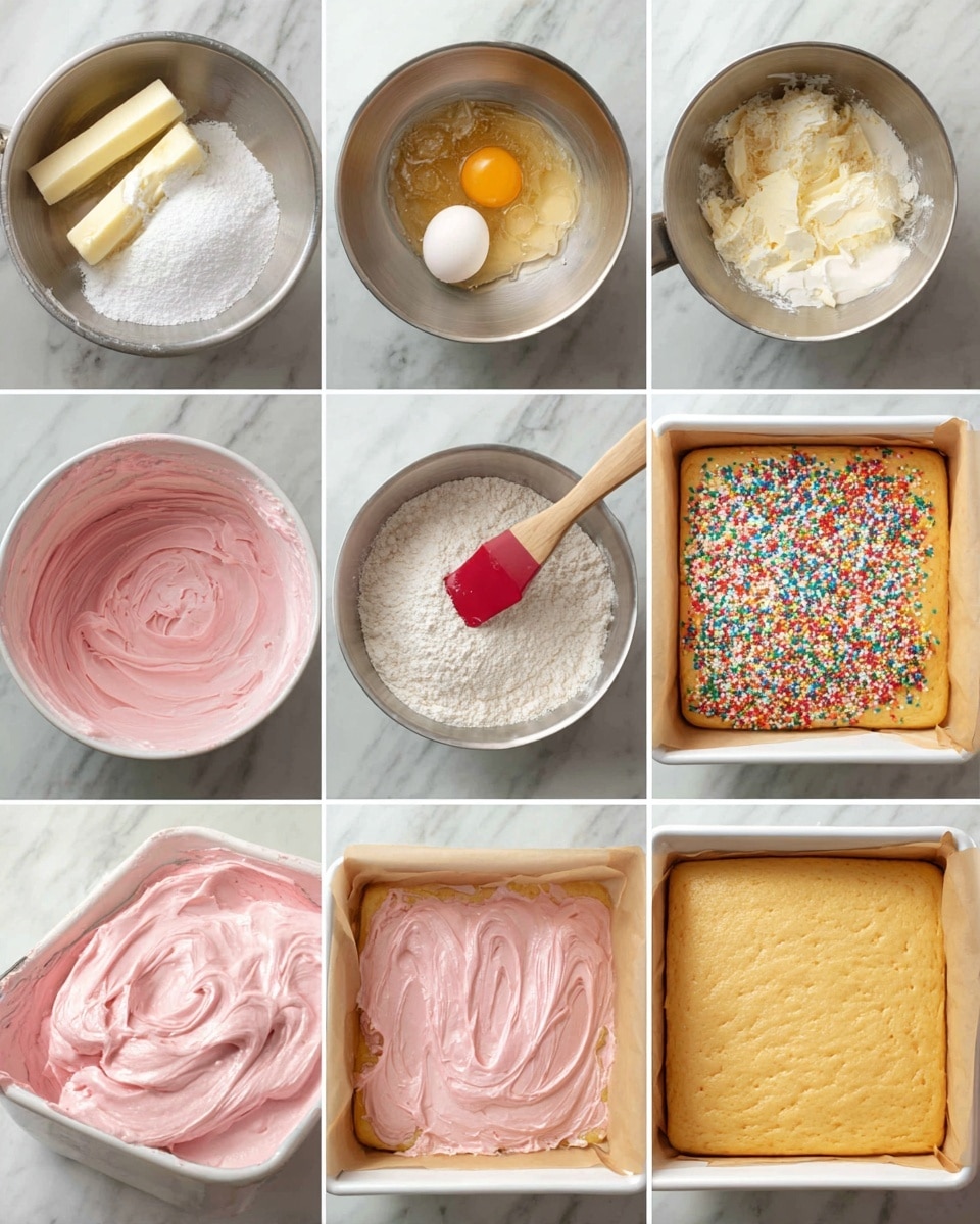 This collage shows the step-by-step making of a pink frosted cake. The first row starts with white sugar and two sticks of pale butter in a mixing bowl, then the mixture is creamed until light and crumbly. An egg yolk and dark vanilla essence are added next. The second row shows the batter becoming thicker and lighter as two dollops of sour cream or yogurt and baking powder are added, mixed with a red spatula. In the third row, white flour is mixed in, and the dough is pressed smoothly into a square white baking pan lined with parchment paper. The fourth row shows a bowl of thick, smooth pale pink icing being prepared before a golden cake is fully baked in the pan. The final two images show the cake topped with the pink icing being spread evenly and then decorated with colorful sprinkles on top. All the scenes are set over a white marbled surface, photo taken with an iphone --ar 4:5 --v 7