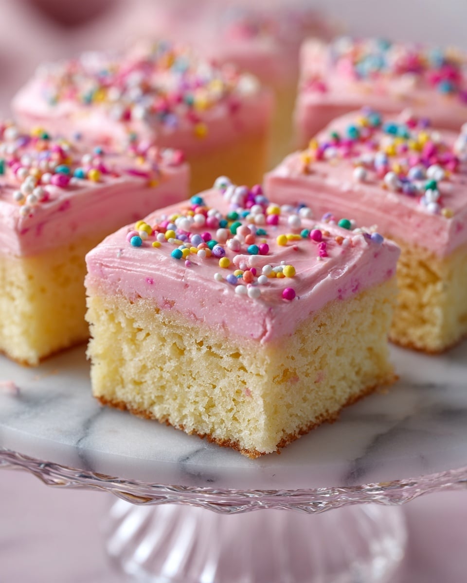 The image shows several square pieces of a two-layer dessert on a white marbled surface. Each piece has a thick, pale yellow base that looks soft and dense. On top, there is a thick layer of smooth, bright pink frosting, evenly spread. The frosting is decorated with small, round, colorful sprinkles scattered all over. The pieces are arranged casually with a focus on the front piece, which is clear and sharp in the image, while the others fade softly in the background. Photo taken with an iphone --ar 4:5 --v 7
