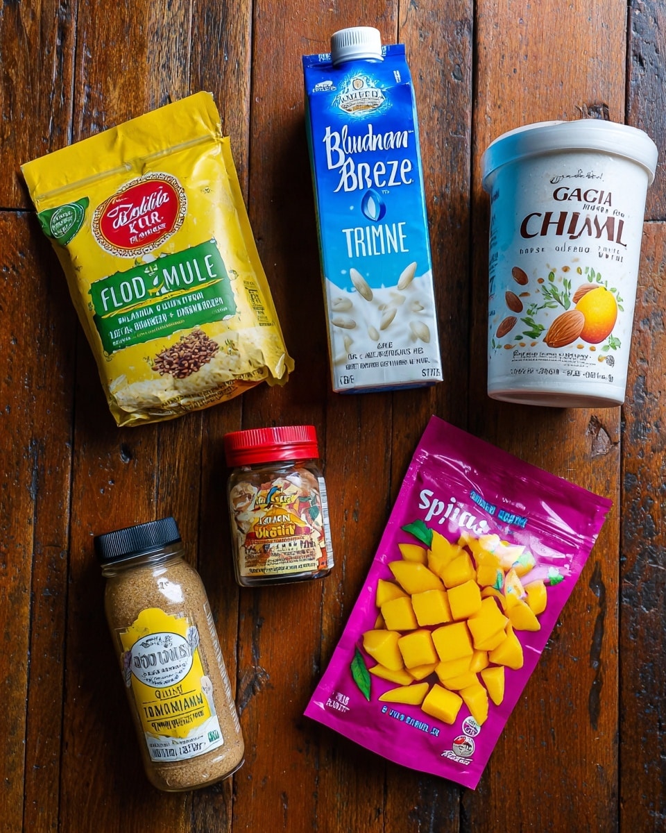 The image shows a wooden surface with six items arranged side by side. From left to right, there is a yellow bag of Bob's Red Mill Organic Golden Flaxseed Meal with green and red text, a tall blue carton of Blue Diamond Almond Breeze Vanilla almond milk with white and yellow text, a small red bottle of McCormick Ground Cinnamon with a red cap, a small jar of Spice Island ground Turmeric with a yellow label and black lid, a large white container of Garden of Life Raw Organic Protein Vanilla Chai with a colorful label, and a pink bag of dried mango chunks with bright yellow and orange mango images. The objects are neatly placed and clearly displayed on the wooden surface. photo taken with an iphone --ar 4:5 --v 7