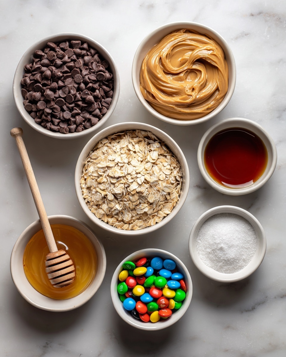 The image shows seven white bowls on a white marbled surface, each containing a different ingredient arranged in a loose cluster. Starting at the top left, there is a bowl filled with small dark chocolate chips, next to it on the right is a bowl of smooth creamy peanut butter with a swirled top. Below the chocolate chips bowl is a larger bowl filled with dry rolled oats with a small light wooden scoop resting inside. To the right of the oats is a small bowl containing a dark brown liquid, likely vanilla extract. Below the oats is a bowl of clear honey with a wooden honey dipper resting across the top. To the right of the honey is a bowl filled with colorful candy-coated chocolates. On the bottom right is a small bowl with fine white granulated sugar. The bowls are evenly spaced with soft natural lighting highlighting the textures and colors. Photo taken with an iphone --ar 4:5 --v 7