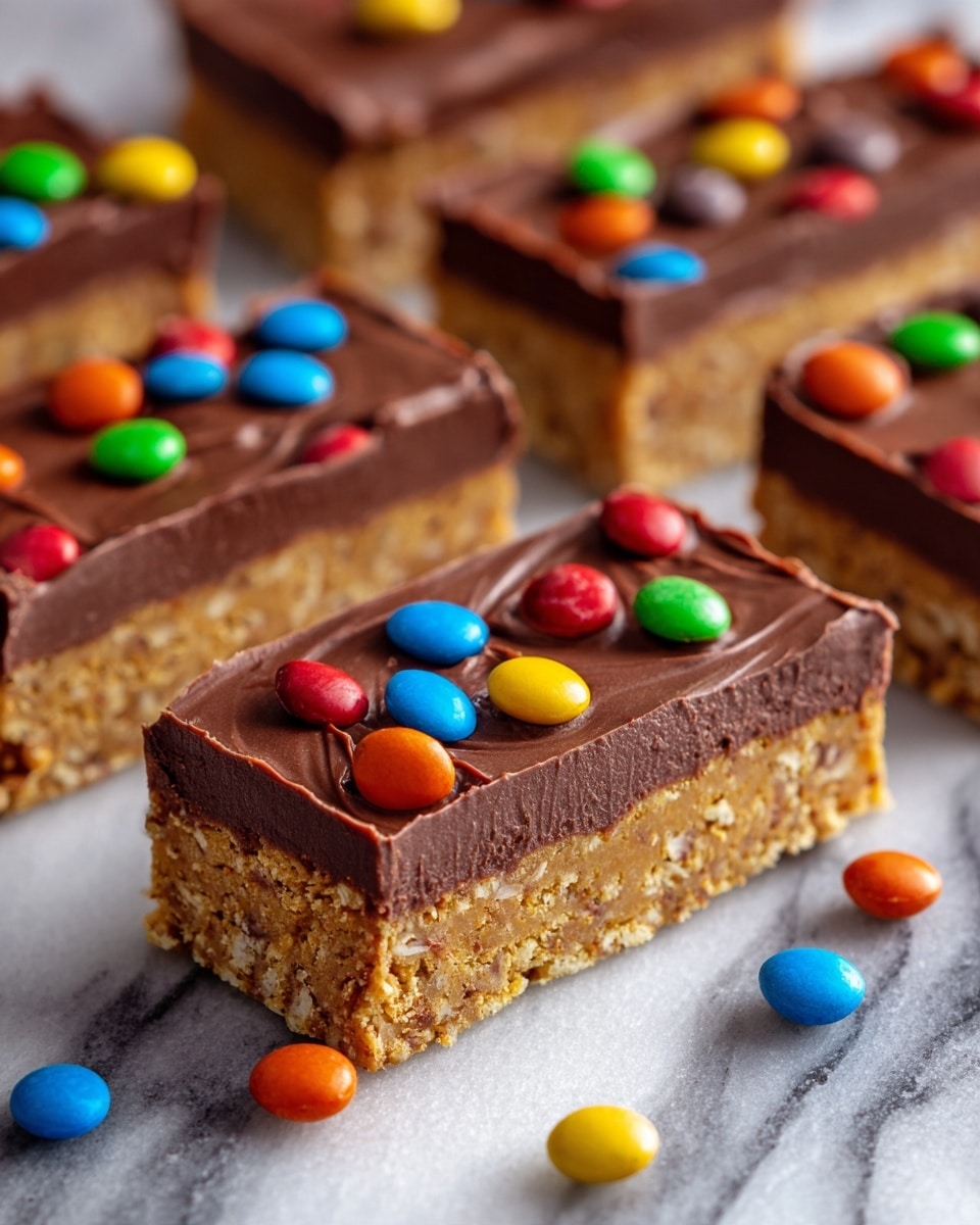The image shows several bars made of two layers: the bottom layer is a golden brown oat and cookie-like base with a rough, crumbly texture, and the top layer is a smooth, thick spread of glossy chocolate spread evenly across each bar. On top of the chocolate layer, there are colorful candy pieces in red, yellow, green, blue, and orange, scattered with some fallen around the bars. The bars are placed on a white marbled surface with a few crumbs and candies around them. Photo taken with an iphone --ar 4:5 --v 7