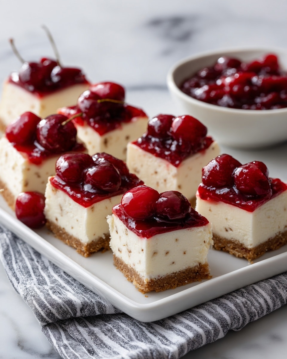 A white rectangular plate holds nine square cheesecake pieces arranged in a neat 3x3 grid. Each piece has a light beige creamy layer on top with visible tiny vanilla specks, sitting on a thin, slightly textured golden crust. A thick, glossy layer of bright red cherry topping with whole cherries is spread evenly over the middle three squares, dripping slightly down the sides. To the right of the plate, a white bowl filled with the same cherry topping sits on a white marbled surface with a grey and white striped cloth under the plate. The photo is taken with an iphone --ar 4:5 --v 7