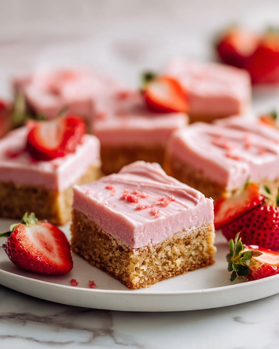 The image shows a group of square dessert bars placed on a white plate set on a white marbled surface. Each bar has two layers: a thicker, crumbly light brown base with a slightly rough texture, topped with a thick, smooth layer of pale pink frosting that has soft swirls and small peaks. The pink frosting is sprinkled with fine red crumbs scattered unevenly over the top. In the foreground, halved fresh strawberries with red flesh and green leaves sit partially out of focus, adding vibrant color and texture contrast to the scene. photo taken with an iphone --ar 4:5 --v 7