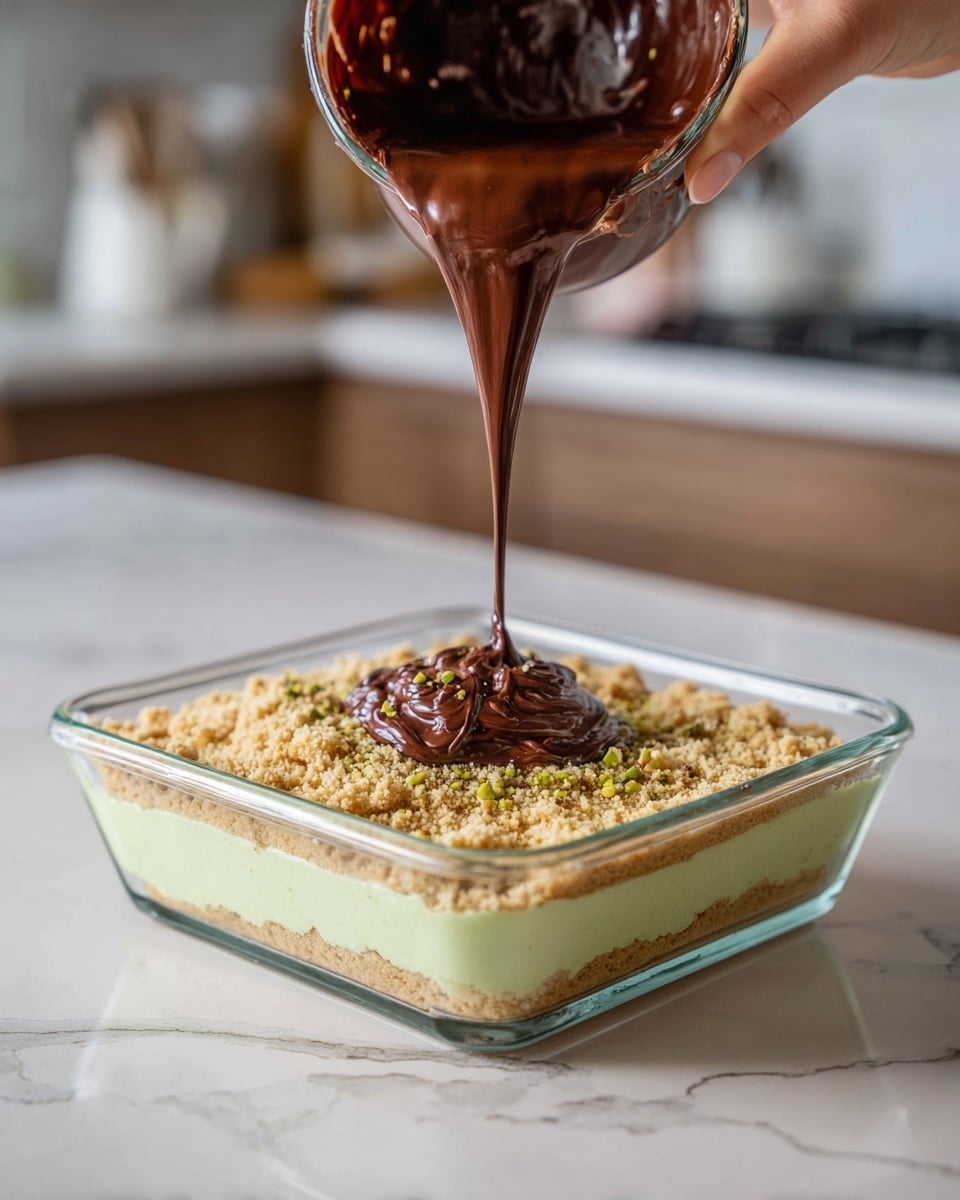 The image shows a clear square glass dish with three visible layers. The bottom layer is pale green and smooth, with a creamy texture suggesting pistachio paste. The middle layer is crumbly with a light tan color, looking like crushed biscuits or cake. The top layer is a thick, shiny dark brown layer, smooth and glossy like chocolate ganache, poured evenly over the crumbs. On top of the chocolate layer, there are small bits of crushed nuts sprinkled in the center. The background is a white marbled surface, with a blurred kitchen setting behind. A woman's hand is seen pouring the chocolate layer in one of the frames. photo taken with an iphone --ar 4:5 --v 7