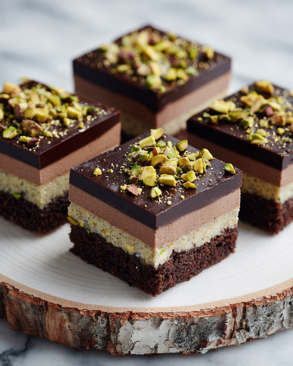 There are four square pieces of a dessert arranged on a light wooden round board. Each piece has three visible layers: a thick, dark brown crumbly base, a dense and smooth chocolate mousse middle layer in light brown, and a shiny, darker chocolate layer on top. The dessert is topped with a generous sprinkle of chopped pistachios in yellow-green and brown hues. Some crushed pistachios are scattered on the board around the dessert pieces. The background is a white marbled texture. photo taken with an iphone --ar 4:5 --v 7
