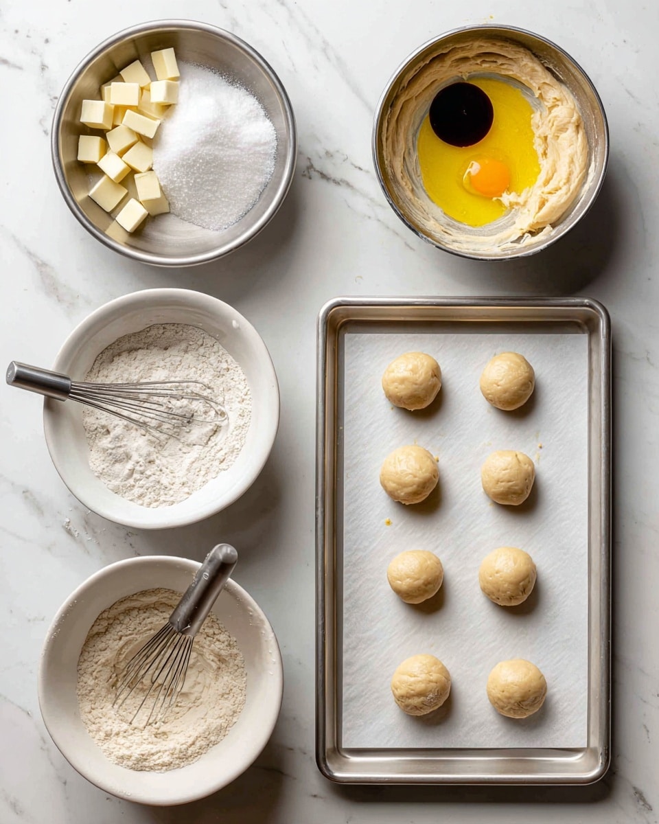 The image shows eight steps of making dough in a metal bowl and on a baking sheet. First, small white cubes of butter sit on white sugar in the bowl. Next, the butter and sugar mix together into a pale, soft cream. Then, a yellow egg yolk and dark vanilla extract are added on top of the cream, and the mixture becomes smoother and thicker after mixing. In the bottom row, white flour is shown with a metal whisk in a white bowl, then it is added to the mixture in the metal bowl, turning the dough into a light beige, thick mass. Finally, small round dough balls are placed spaced out on a white baking sheet lined with parchment paper. The whole scene is on a white marbled surface. photo taken with an iphone --ar 4:5 --v 7