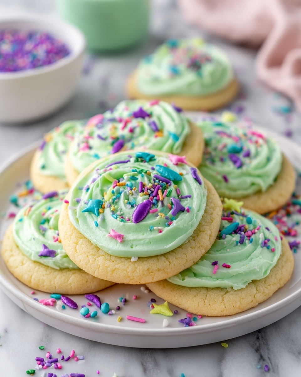 A close-up view of soft, round cookies with a light golden color as the base layer, each topped with a thick swirl of smooth, pastel green frosting. The frosting is decorated with colorful sprinkles in various shapes and sizes, including small round beads and rod-shaped sprinkles in purple, blue, green, and pink, along with small mermaid tail shapes in turquoise and purple. The cookies are arranged on a white plate against a white marbled background, with extra sprinkles scattered around them. Photo taken with an iphone --ar 4:5 --v 7
