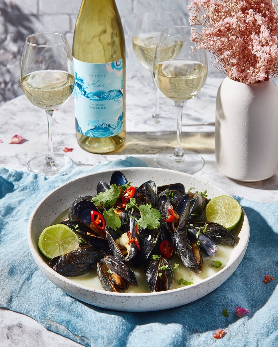 The dish shows a round white bowl filled with two layers: the bottom layer is a light broth with herbs floating, and the top layer consists of black mussel shells, red chili slices, green cilantro, and lime wedges placed on the edge. The bowl sits on a light blue cloth on a white marbled textured surface. In the background, there is a bottle of white wine with a white label showing blue and green decorations, along with two clear glasses of white wine. A woman's hand is holding one of the glasses. There is also a white vase with dry pink flowers behind the bowl. photo taken with an iphone --ar 4:5 --v 7