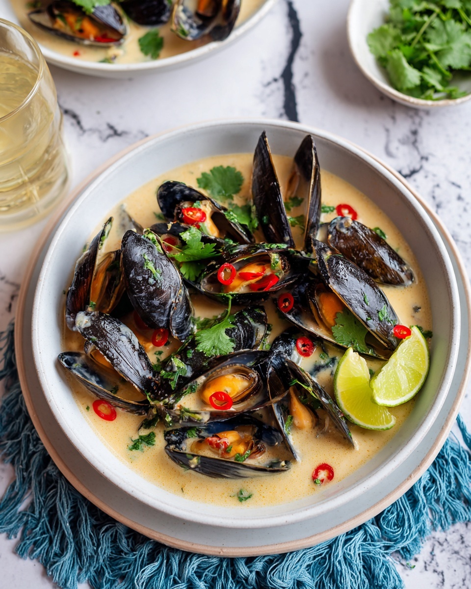 A white bowl filled with black mussels open to show their orange insides, sitting in a creamy light soup. Red chili slices and fresh green cilantro leaves are scattered on top, adding bright color. Three lime wedges rest on the side inside the bowl. The bowl is placed on a blue cloth napkin with fringes, on a white marbled surface with a striped cloth underneath. In the background, there is a small white bowl with green herbs and a glass with a light drink. Photo taken with an iphone --ar 4:5 --v 7