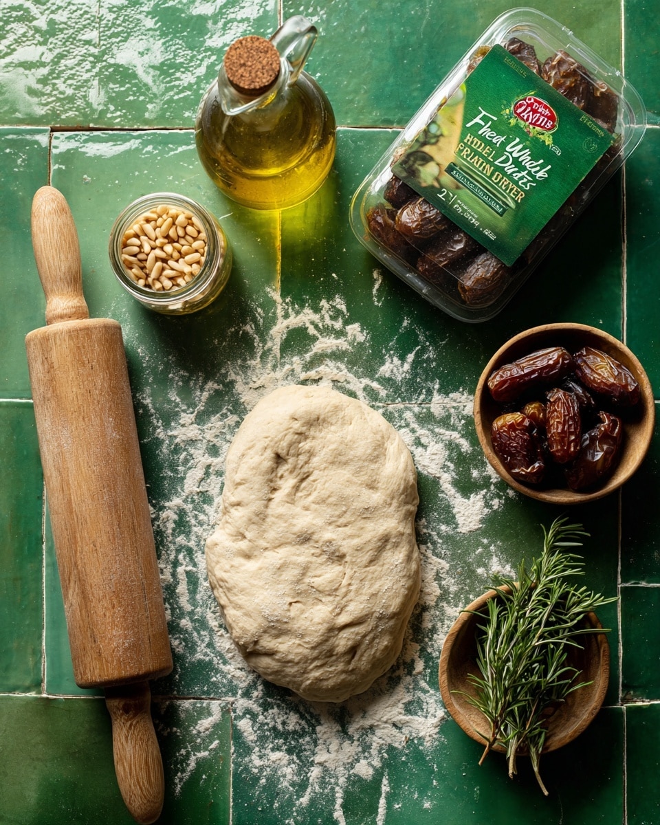 An oval-shaped, uneven layer of light beige dough with a slightly rough texture rests on a green tiled surface dusted with white flour; to the left is a light wooden rolling pin partially in frame. At the top left, there is a small open glass jar filled with pine nuts, next to a glass bottle with golden olive oil and a spout. At the upper right, a green plastic container with a red and white label reads