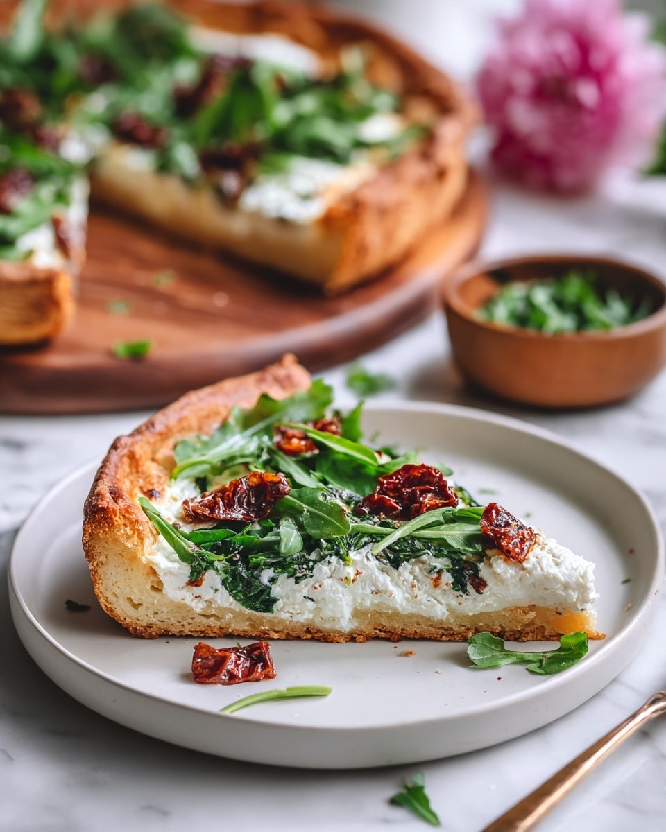 A slice of pizza sits on a white plate with a soft, golden crust at the base, topped with a thick layer of white creamy cheese spread. On top of the cheese, fresh green arugula leaves are scattered with pieces of dark, crispy sun-dried tomatoes adding contrast. In the background, more pizza slices with the same toppings rest on a wooden board, all placed on a white marbled surface. A small wooden bowl with green herbs and a pink flower are also visible nearby. The photo is taken with an iphone --ar 4:5 --v 7