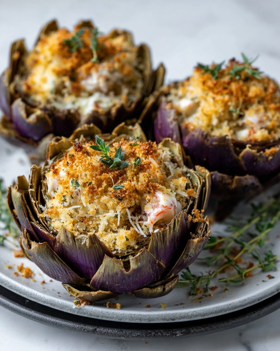 The image shows three stuffed artichokes on a white plate. Each artichoke has a dark green, almost purple outer shell with petals opened slightly, filled with layers of creamy white cheese, light golden brown breadcrumbs, and small green herb leaves on top. The texture of the stuffing is crumbly with bits of melted cheese, and small pieces of red crab meat are visible under the cheese layer. The plate sits on a white marbled surface, with some green herbs placed next to it for decoration. Photo taken with an iphone --ar 4:5 --v 7