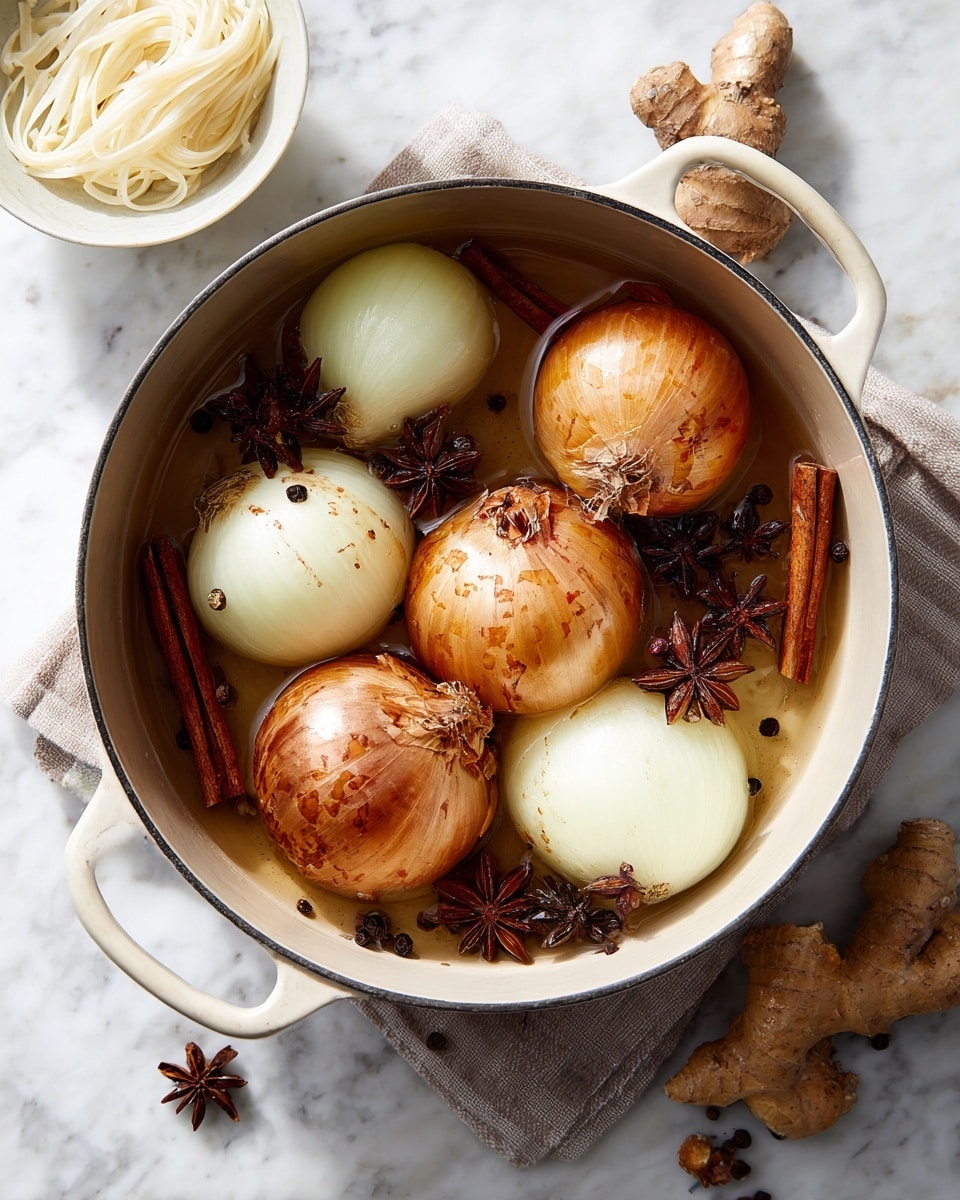A cooking pot with a shiny inner surface filled with four browned onions, two cut in halves showing soft white interiors and two whole with browned skins on top. Around the onions, there are brown cinnamon sticks, small dark peppercorns, star anise, and two pieces of light brown ginger root with rough texture. The pot sits on a white marbled surface. A white bowl with uncooked noodles is visible partially on the top left. Photo taken with an iphone --ar 4:5 --v 7