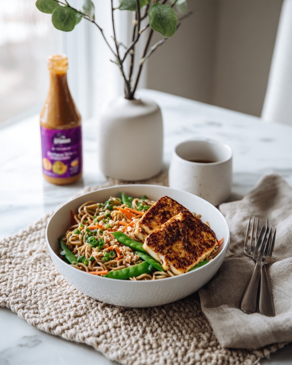 A white bowl filled with a layered dish starting with a base of light brown noodles mixed with bright green snap peas and thin orange carrot strips, topped with crushed peanuts and chopped green onions. On one side of the bowl, there are two large pieces of golden-brown grilled tofu with a slightly crispy texture. The bowl sits on a white marbled surface with a knit placemat underneath. To the left of the bowl is a tall clear bottle of peanut sauce with a purple and yellow label, and behind the bowl is a white ceramic cup and a small white vase holding a green leafy twig. To the right, a beige cloth napkin is folded with two forks resting on it. The setting is softly lit with natural light from the side. photo taken with an iphone --ar 4:5 --v 7