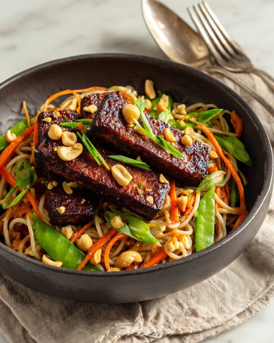 A white bowl filled with three rectangular pieces of browned tempeh stacked on top at the back right. Below and in front is a colorful mix of cooked noodles with thin orange carrot strips and green snap peas. The noodles are topped with chopped peanuts and sliced green onions scattered across the surface. The bowl sits on a white marbled background with a beige cloth and silver spoon and fork to the right edge. photo taken with an iphone --ar 4:5 --v 7