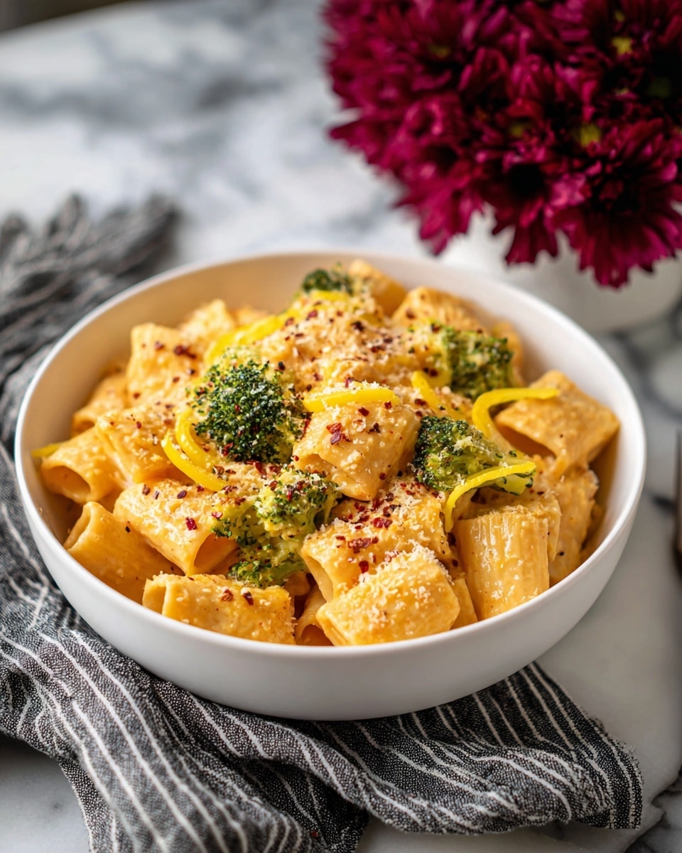 The dish shows a white bowl filled with rigatoni pasta coated in a creamy orange sauce, mixed with small bright green broccoli florets and thin yellow bell pepper rings scattered on top. The pasta is thick and ridged, with the sauce smoothly covering each piece. The broccoli pieces are fresh and vibrant, placed evenly through the pasta, and the yellow pepper rings add a pop of contrasting color. The whole dish is lightly sprinkled with fine white grated cheese and small red chili flakes for texture. The bowl sits on a white marbled surface, with a gray and black striped cloth visible to the side and deep red flowers partly showing at the top. Photo taken with an iphone --ar 4:5 --v 7
