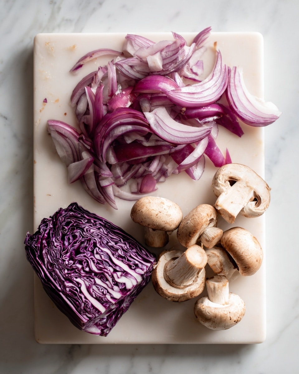 The image shows a white cutting board on a white marbled surface with several ingredients arranged on it. On the left side, there is a pile of sliced red onions with curved, thin layers showing their translucent purple and white texture. Below the onions, there is a half piece of red cabbage with dense, tightly packed leaves in deep purple with white veins. On the right side of the board, there are six light brown mushrooms with caps ranging from smooth to slightly wrinkled, showing both top and underside views, revealing creamy-colored gills. The overall arrangement is clean and bright, emphasizing the fresh textures and colors of the vegetables. photo taken with an iphone --ar 4:5 --v 7