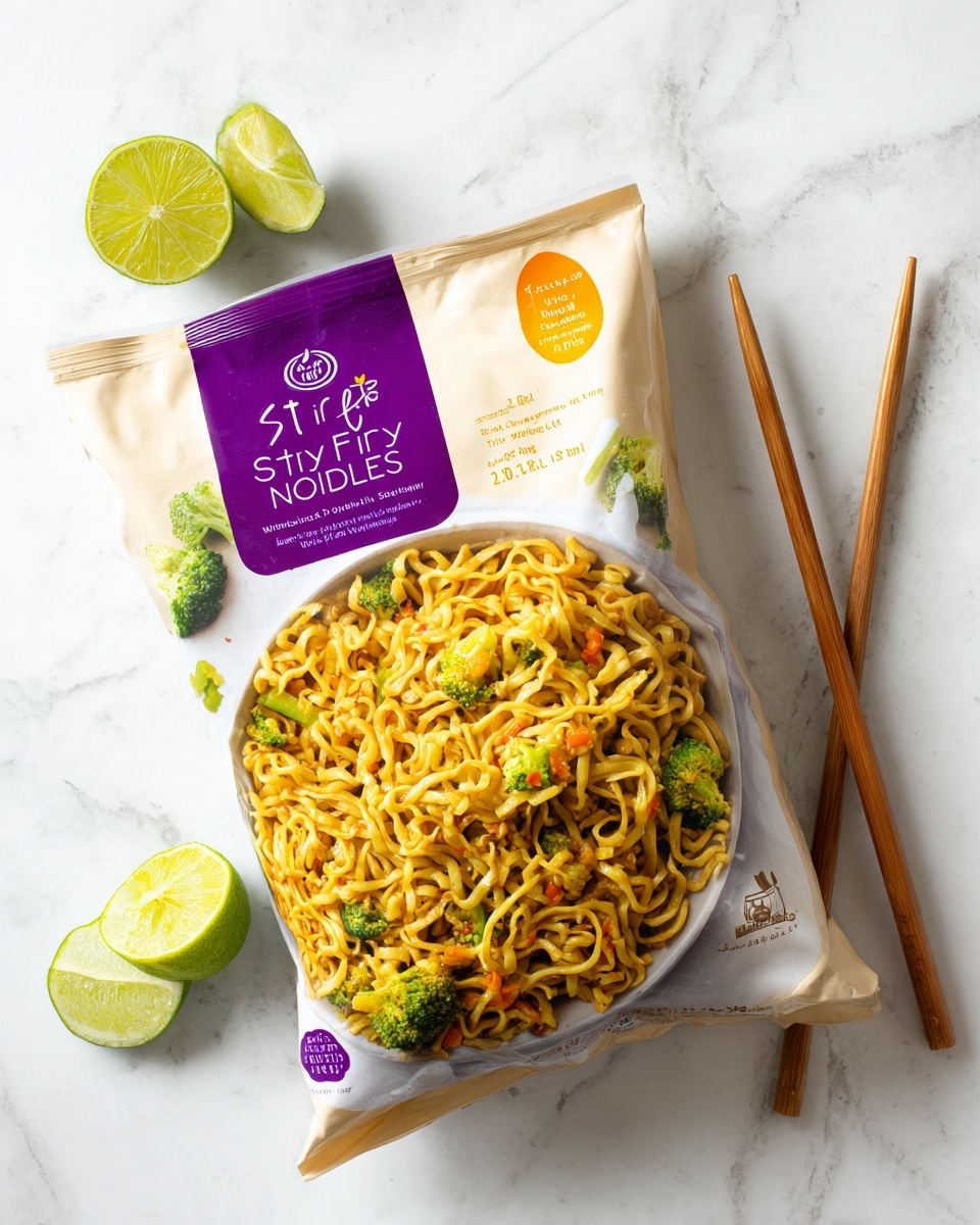 A white package with a purple top edge displays an image of a bowl with orange-yellow stir-fry noodles mixed with small green broccoli pieces and tiny orange bits, resting on a white marbled surface. The noodles in the bowl look soft and glossy, held by brown wooden chopsticks coming from the right side. The package text is mainly orange and green, with a purple circle tag on the left side that says