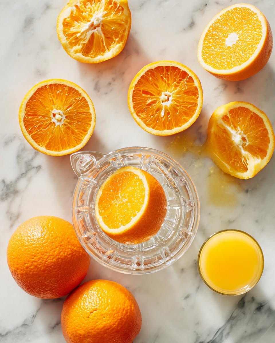 The image shows several oranges in different states on a white marbled surface. Three whole oranges are at the bottom, bright orange and smooth. Above them, five orange halves display a juicy, segmented interior with a vibrant orange color and visible white pith. Three orange halves are squeezed, showing rough, textured yellow-orange interiors. In the center, there is a clear glass juicer with one orange half sitting inside, surrounded by fresh juice. To the right, a small glass filled with orange juice is placed. The scene is bright and fresh, emphasizing the natural texture and color of the oranges. photo taken with an iphone --ar 4:5 --v 7