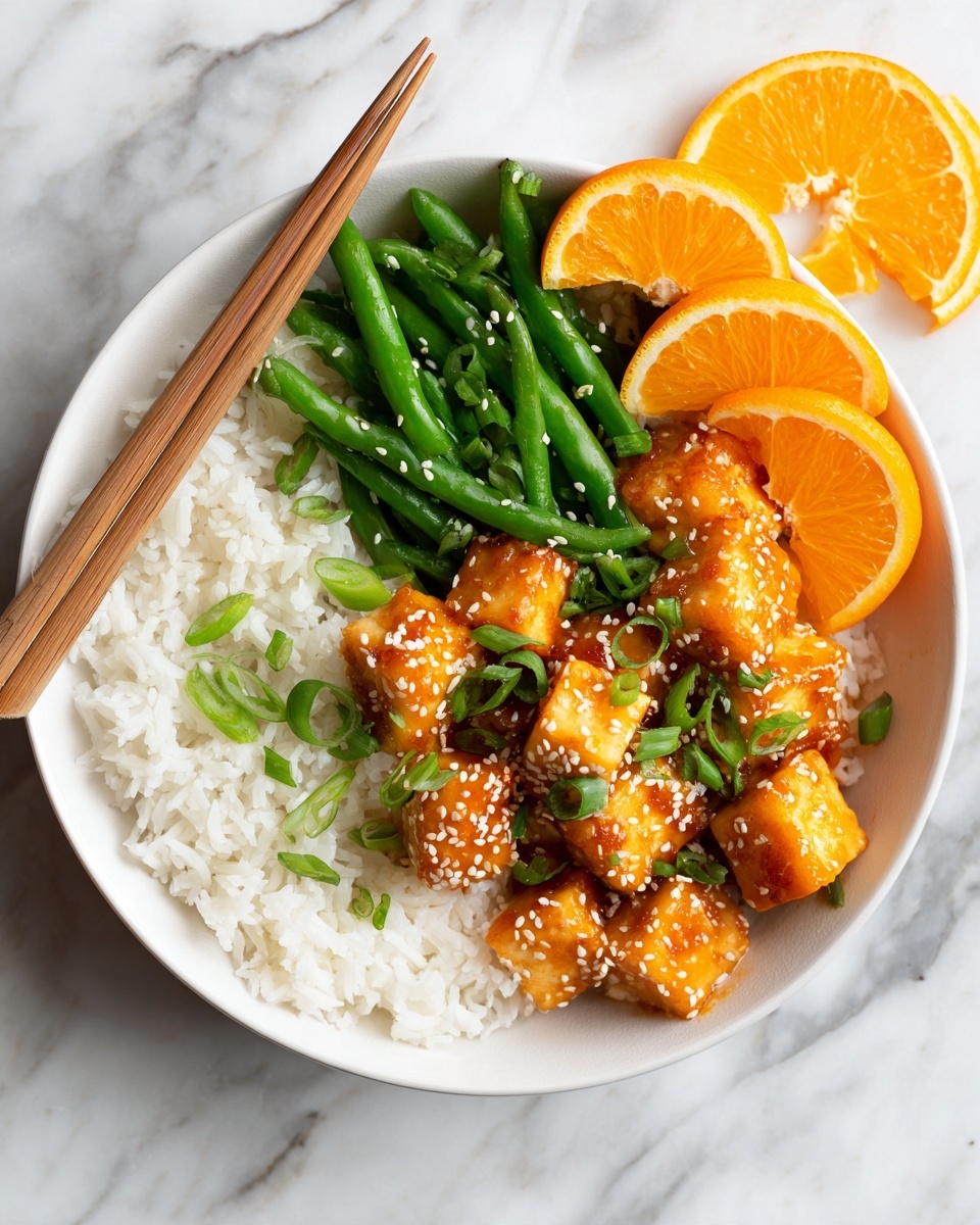 A white bowl sits on a white marbled surface with a striped cloth underneath. Inside, there is a base layer of white rice. On top of the rice, orange-glazed tofu cubes are neatly stacked, each sprinkled with white sesame seeds and chopped green onions. Along one side of the bowl, there are fresh, bright green snap peas arranged in a small pile. A pair of wooden chopsticks rests diagonally on the bowl’s rim. Around the bowl, orange wedges are placed for color contrast. photo taken with an iphone --ar 4:5 --v 7