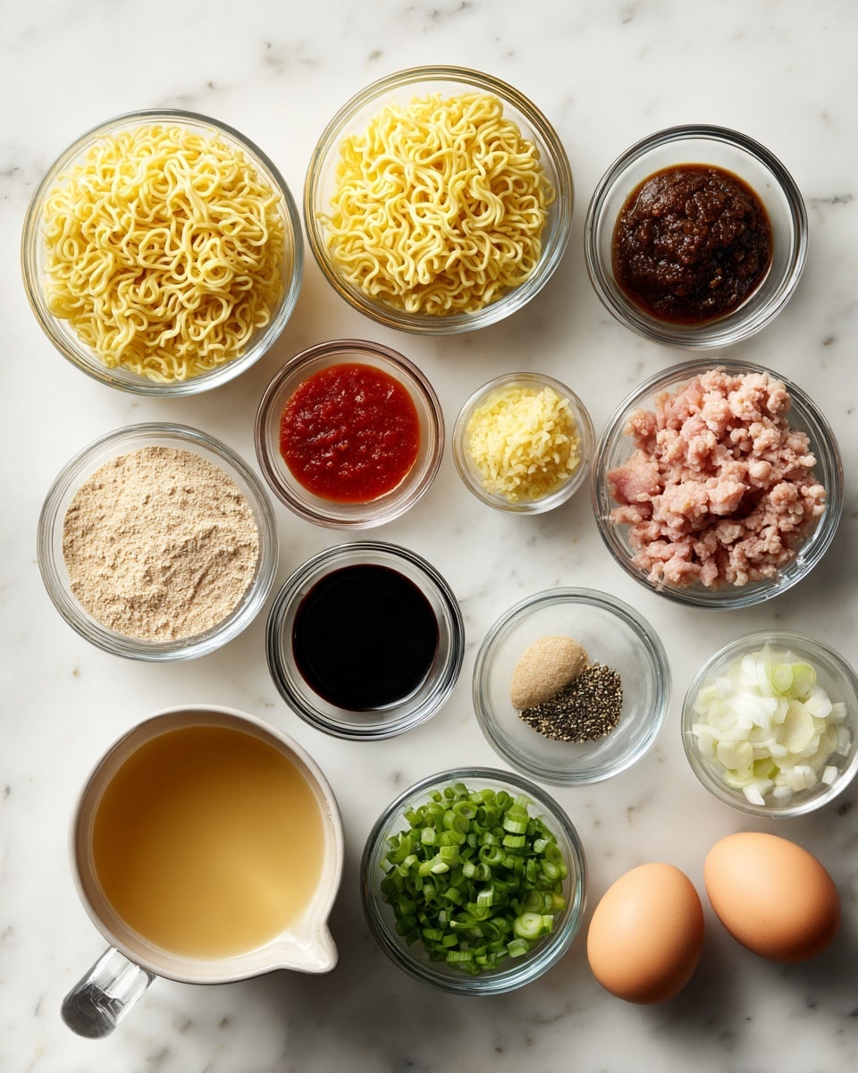 The image shows an overhead view of neatly arranged clear glass bowls and a measuring cup, all placed on a white marbled surface. There are eleven small bowls containing ingredients: yellow-tinged ramen noodles in plastic packaging on the top left, dark brown miso paste in the top right, minced light yellow garlic below the noodles, bright red chili paste in the middle, pale yellow ginger beside the chili paste, pink ground pork below the garlic, golden sesame oil to the right of ginger, white salt granules below the pork, dark soy sauce below the salt, black pepper beside the salt, chopped green onions below the pepper, and finely chopped shallots on the far right. The measuring cup at bottom left is filled with light golden chicken stock. Two whole raw brown eggs are placed beside the measuring cup on the bottom right. Each ingredient is clearly visible and distinct, all set on a clean white marbled surface. photo taken with an iphone --ar 4:5 --v 7