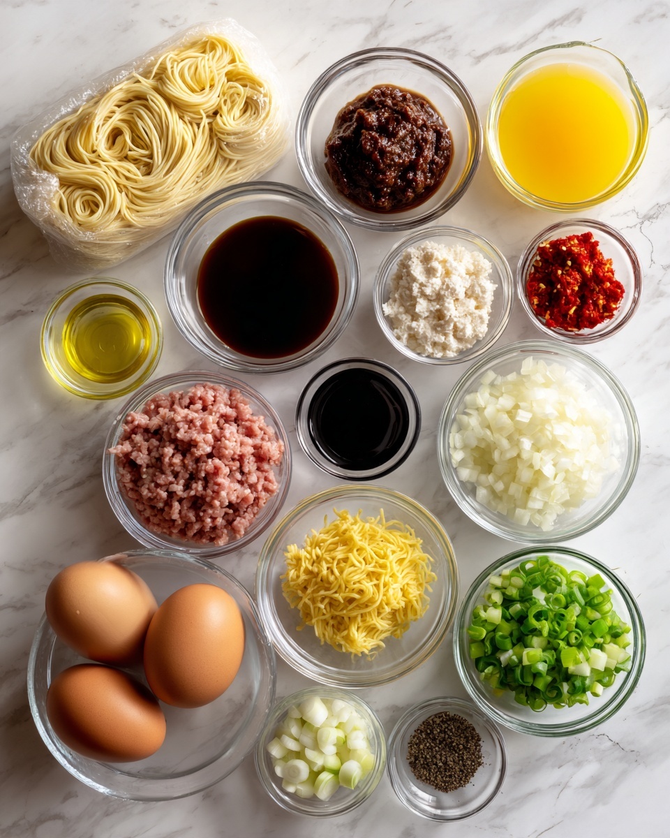 The image shows an arrangement of clear glass bowls and containers on a white marbled surface, each holding different cooking ingredients neatly labeled. At the top left, a plastic-wrapped bundle of pale yellow ramen noodles sits beside a small bowl of dark brown miso paste. Below these, clear small bowls contain finely chopped garlic, minced ground pork in pink tones, bright red chili paste, and minced fresh yellow ginger. To the right, there is a small bowl of golden sesame oil and a bowl with diced shallots in pale beige. Other bowls hold dark soy sauce, white salt, and black pepper. Green onions sliced in rounds are placed in another bowl, along with a clear glass cup filled with yellow chicken stock. Finally, two whole brown eggs rest directly on the surface. The layout is tidy and well-spaced, with a soft natural light highlighting the colors and textures. Photo taken with an iphone --ar 4:5 --v 7