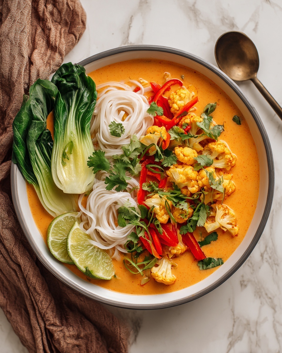 A white bowl filled with a bright orange broth holding two small nests of white noodles near the center, surrounded by green bok choy leaves, yellow cauliflower florets, and red bell pepper strips. Thin slices of white onion float in the soup alongside fresh green cilantro leaves scattered on top. Two lime wedges rest on the right edge of the bowl. The bowl is placed on a white marbled surface with a brown cloth napkin behind it and a dark spoon lying to the left. photo taken with an iphone --ar 4:5 --v 7