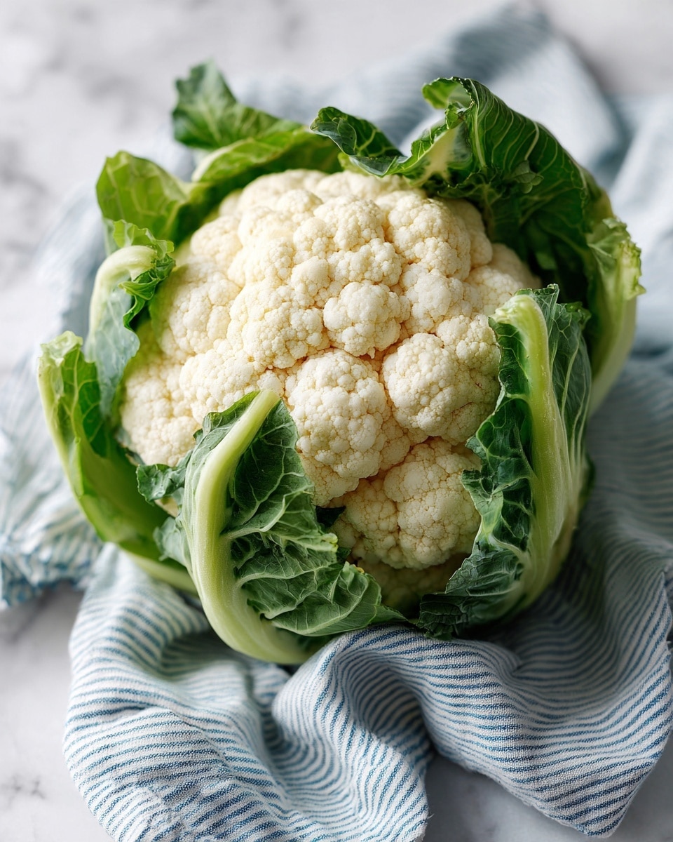 A fresh cauliflower with a compact, off-white head made up of small, tight florets. The cauliflower is surrounded by thick green leaves that curl around the edges and extend outward. It sits on a white marbled surface with a soft blue and white striped cloth partially visible underneath it. The lighting is natural and bright, showing the texture of the cauliflower's bumpy surface and the veins in the leaves clearly. photo taken with an iphone --ar 4:5 --v 7